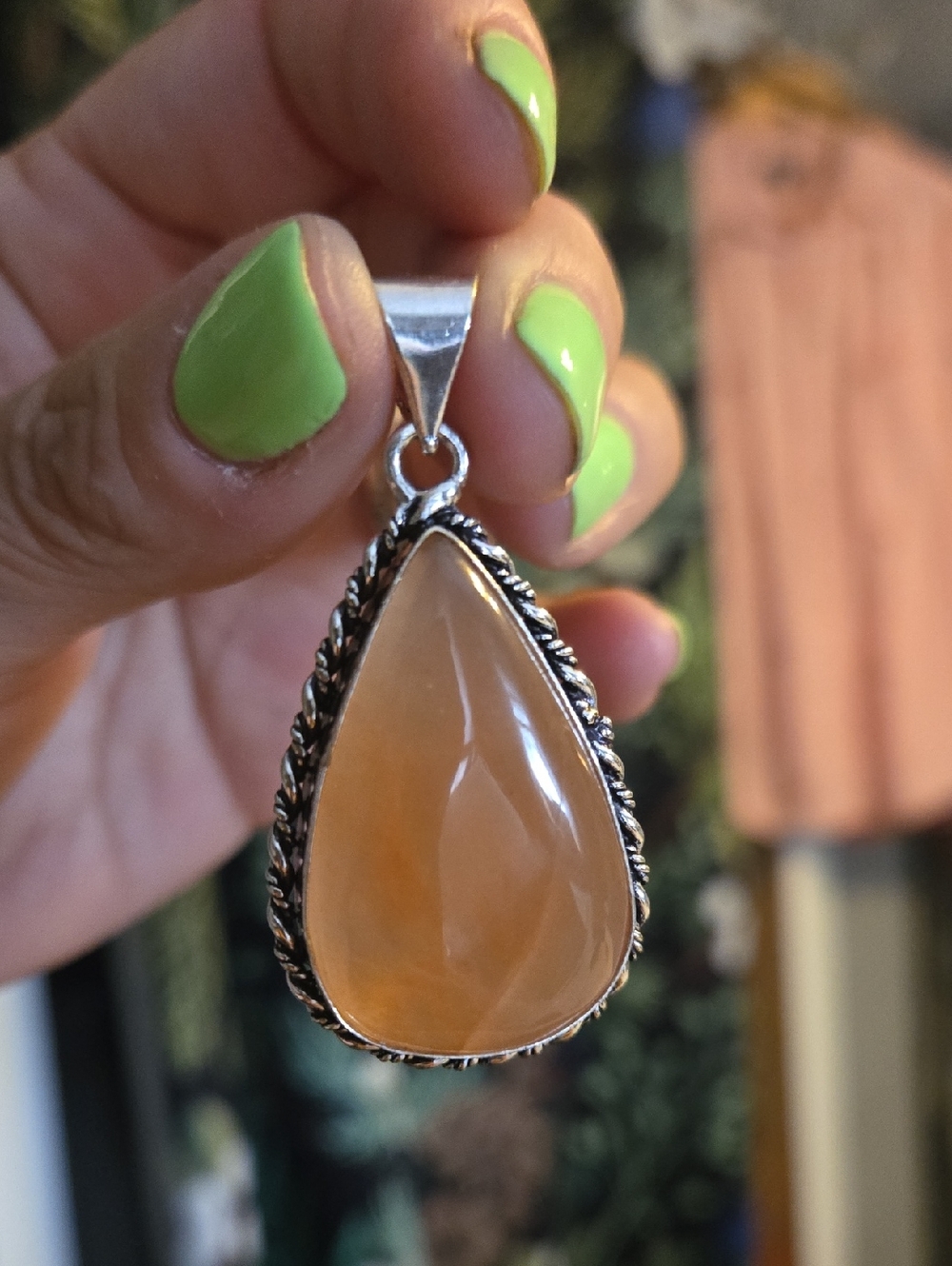 Sterling Silver Orange Chalcedony Gemstone Teardrop Pendant Charm
